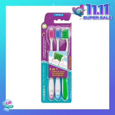 WATSONS 3 in 1 Triple Action Toothbrush Medium (Remove Surface Stains + Massage Gums + Reduce Odour-Causing Bacteria) 3s (*Colours Issued at Random)