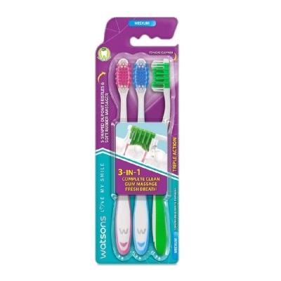 WATSONS 3 in 1 Triple Action Toothbrush Medium (Remove Surface Stains + Massage Gums + Reduce Odour-Causing Bacteria) 3s (*Colours Issued at Random)