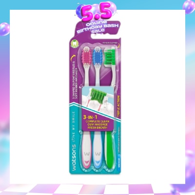 WATSONS - 3 in 1 Triple Action Toothbrush Medium (Remove Surface Stains + Massage Gums + Reduce Odour-Causing Bacteria) 3s (*Colours Issued at Random)