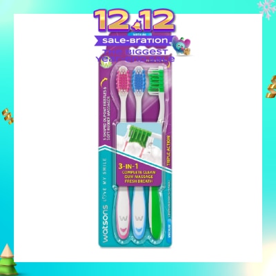 WATSONS 3 in 1 Triple Action Toothbrush Medium (Remove Surface Stains + Massage Gums + Reduce Odour-Causing Bacteria) 3s (*Colours Issued at Random)
