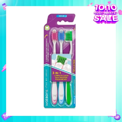 WATSONS 3 in 1 Triple Action Toothbrush Medium (Remove Surface Stains + Massage Gums + Reduce Odour-Causing Bacteria) 3s (*Colours Issued at Random)