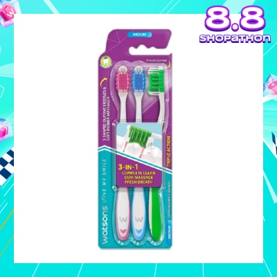 WATSONS 3 in 1 Triple Action Toothbrush Medium (Remove Surface Stains + Massage Gums + Reduce Odour-Causing Bacteria) 3s (*Colours Issued at Random)