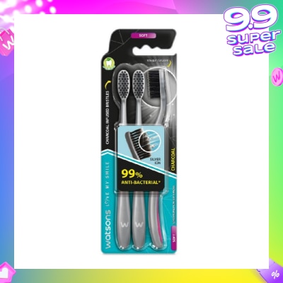 WATSONS Charcoal Toothbrush Soft (99% Anti-Bacterial & Tapered Bristles + Compact Head + Tongue Cleaner) 3s