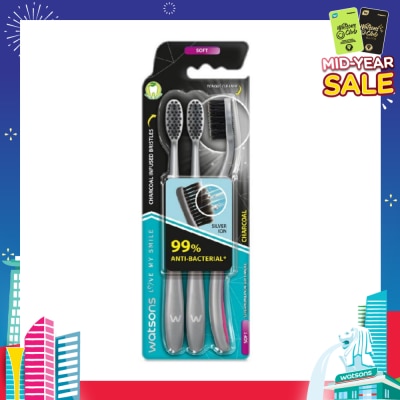 WATSONS Charcoal Toothbrush Soft (99% Anti-Bacterial & Tapered Bristles + Compact Head + Tongue Cleaner) 3s