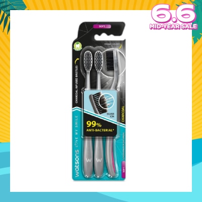 WATSONS Charcoal Toothbrush Soft (99% Anti-Bacterial & Tapered Bristles + Compact Head + Tongue Cleaner) 3s