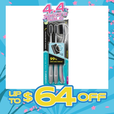 WATSONS - Charcoal Toothbrush Soft (99% Anti-Bacterial & Tapered Bristles + Compact Head + Tongue Cleaner) 3s