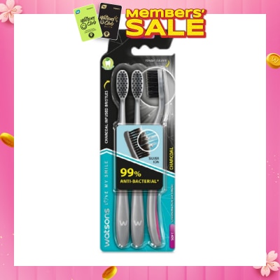 WATSONS Charcoal Toothbrush Soft (99% Anti-Bacterial & Tapered Bristles + Compact Head + Tongue Cleaner) 3s