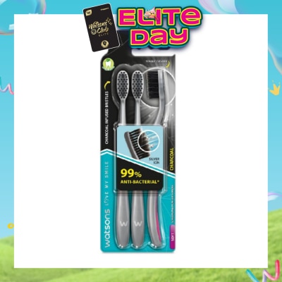WATSONS - Charcoal Toothbrush Soft (99% Anti-Bacterial & Tapered Bristles + Compact Head + Tongue Cleaner) 3s