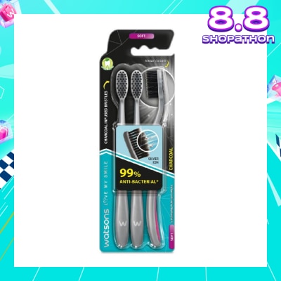 WATSONS Charcoal Toothbrush Soft (99% Anti-Bacterial & Tapered Bristles + Compact Head + Tongue Cleaner) 3s