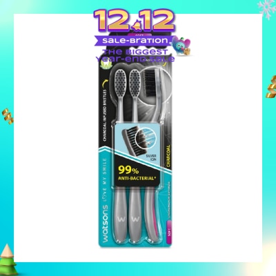 WATSONS Charcoal Toothbrush Soft (99% Anti-Bacterial & Tapered Bristles + Compact Head + Tongue Cleaner) 3s