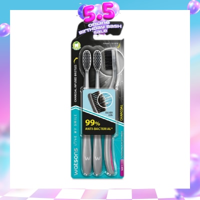 WATSONS - Charcoal Toothbrush Soft (99% Anti-Bacterial & Tapered Bristles + Compact Head + Tongue Cleaner) 3s
