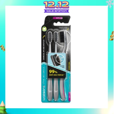 WATSONS Charcoal Toothbrush Soft (99% Anti-Bacterial & Tapered Bristles + Compact Head + Tongue Cleaner) 3s