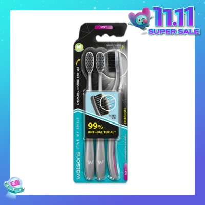 WATSONS Charcoal Toothbrush Soft (99% Anti-Bacterial & Tapered Bristles + Compact Head + Tongue Cleaner) 3s