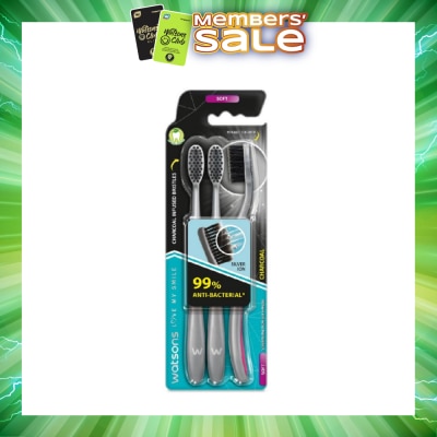 WATSONS - Charcoal Toothbrush Soft (99% Anti-Bacterial & Tapered Bristles + Compact Head + Tongue Cleaner) 3s