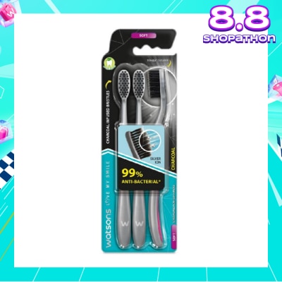 WATSONS Charcoal Toothbrush Soft (99% Anti-Bacterial & Tapered Bristles + Compact Head + Tongue Cleaner) 3s