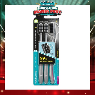 WATSONS - Charcoal Toothbrush Soft (99% Anti-Bacterial & Tapered Bristles + Compact Head + Tongue Cleaner) 3s