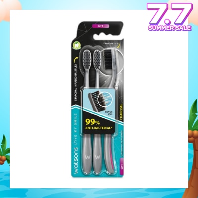 WATSONS Charcoal Toothbrush Soft (99% Anti-Bacterial & Tapered Bristles + Compact Head + Tongue Cleaner) 3s