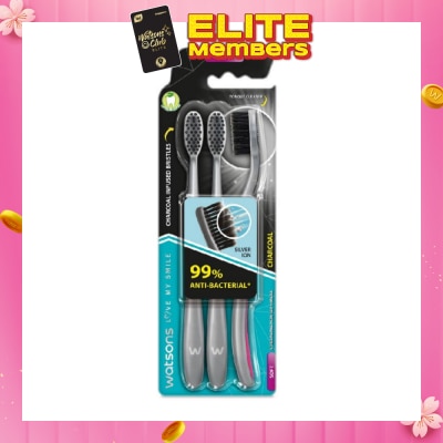 WATSONS Charcoal Toothbrush Soft (99% Anti-Bacterial & Tapered Bristles + Compact Head + Tongue Cleaner) 3s
