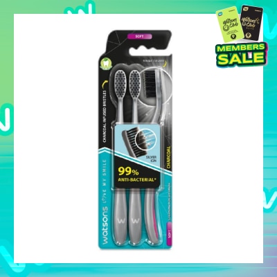 WATSONS Charcoal Toothbrush Soft (99% Anti-Bacterial & Tapered Bristles + Compact Head + Tongue Cleaner) 3s