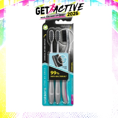 WATSONS - Charcoal Toothbrush Soft (99% Anti-Bacterial & Tapered Bristles + Compact Head + Tongue Cleaner) 3s image