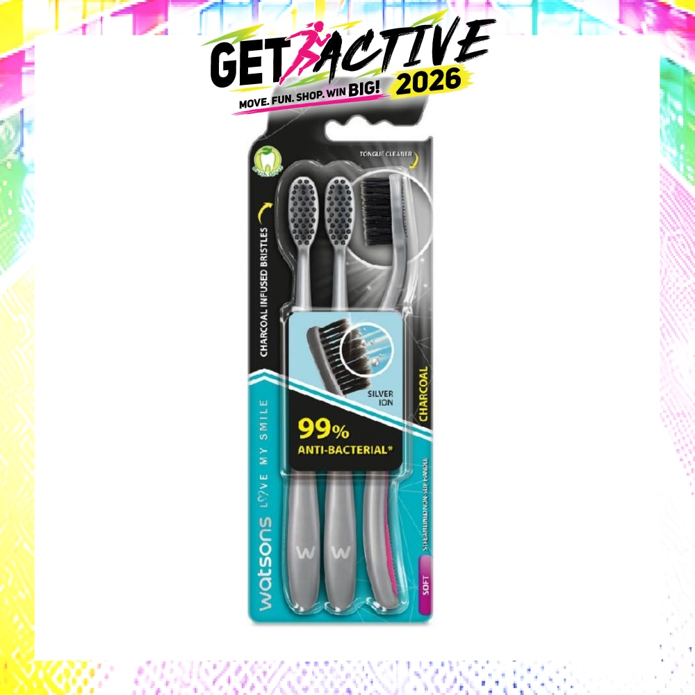 Charcoal Toothbrush Soft (99% Anti-Bacterial & Tapered Bristles + Compact Head + Tongue Cleaner) 3s image