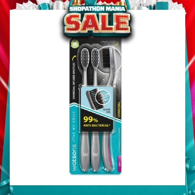 WATSONS - Charcoal Toothbrush Soft (99% Anti-Bacterial & Tapered Bristles + Compact Head + Tongue Cleaner) 3s