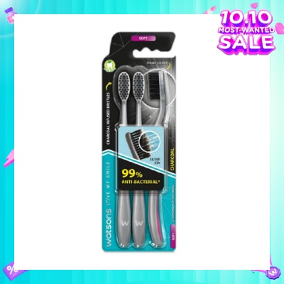 WATSONS Charcoal Toothbrush Soft (99% Anti-Bacterial & Tapered Bristles + Compact Head + Tongue Cleaner) 3s