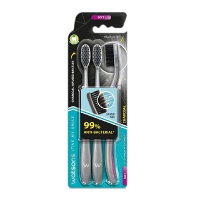 WATSONS Charcoal Toothbrush Soft (99% Anti-Bacterial & Tapered Bristles + Compact Head + Tongue Cleaner) 3s