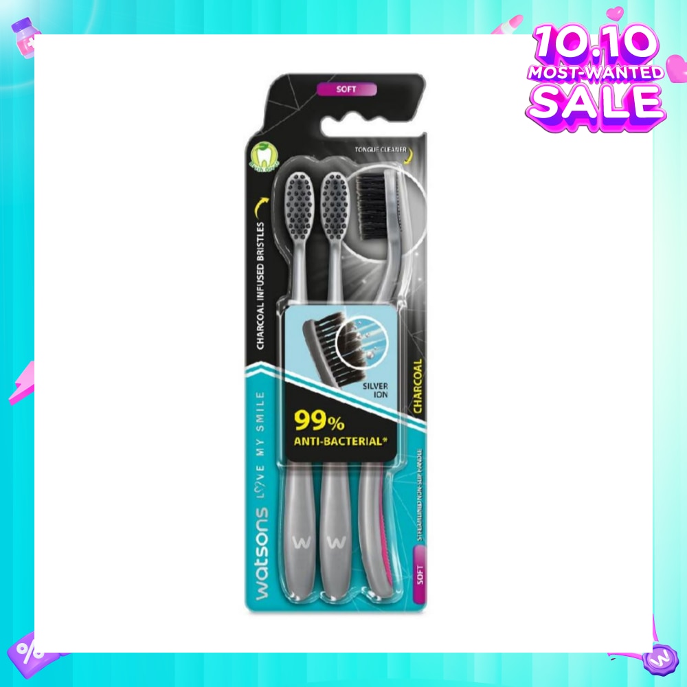Charcoal Toothbrush Soft (99% Anti-Bacterial & Tapered Bristles + Compact Head + Tongue Cleaner) 3s