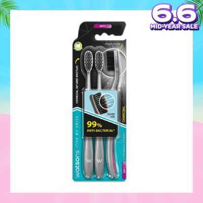 WATSONS Charcoal Toothbrush Soft (99% Anti-Bacterial & Tapered Bristles + Compact Head + Tongue Cleaner) 3s