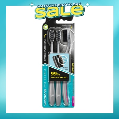 WATSONS - Charcoal Toothbrush Soft (99% Anti-Bacterial & Tapered Bristles + Compact Head + Tongue Cleaner) 3s
