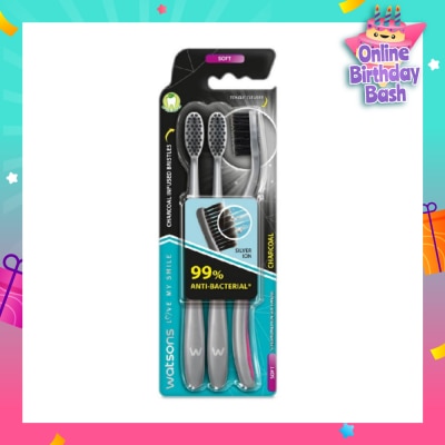 WATSONS Charcoal Toothbrush Soft (99% Anti-Bacterial & Tapered Bristles + Compact Head + Tongue Cleaner) 3s