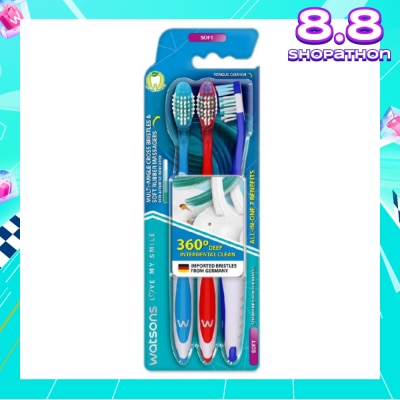WATSONS All-in-One 7 Benefits Toothbrush Soft (360 Deep Cleaning + Massage Gums + Reduce Odour-Causing Bacteria) 3s