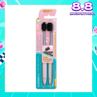 WATSONS Super Dense Cushion Soft Charcoal Toothbrush Ultra Soft (<0.01mm Ultra-Fine Soft Anti-Bacterial Bristles + Wide Head) 2s