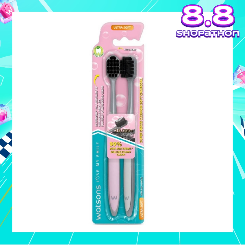 Super Dense Cushion Soft Charcoal Toothbrush Ultra Soft (<0.01mm Ultra-Fine Soft Anti-Bacterial Bristles + Wide Head) 2s