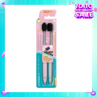 WATSONS Super Dense Cushion Soft Charcoal Toothbrush Ultra Soft (<0.01mm Ultra-Fine Soft Anti-Bacterial Bristles + Wide Head) 2s