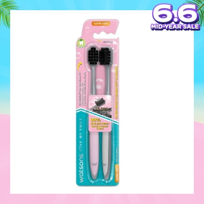 WATSONS Super Dense Cushion Soft Charcoal Toothbrush Ultra Soft (<0.01mm Ultra-Fine Soft Anti-Bacterial Bristles + Wide Head) 2s