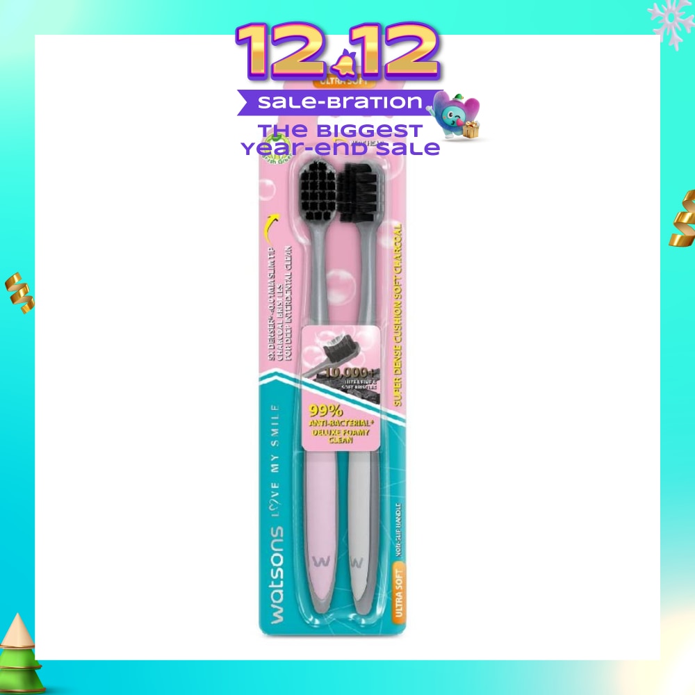 Super Dense Cushion Soft Charcoal Toothbrush Ultra Soft (<0.01mm Ultra-Fine Soft Anti-Bacterial Bristles + Wide Head) 2s