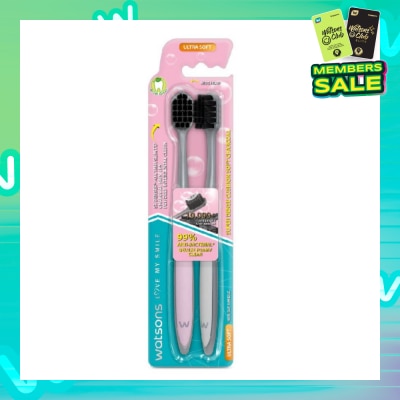 WATSONS Super Dense Cushion Soft Charcoal Toothbrush Ultra Soft (<0.01mm Ultra-Fine Soft Anti-Bacterial Bristles + Wide Head) 2s