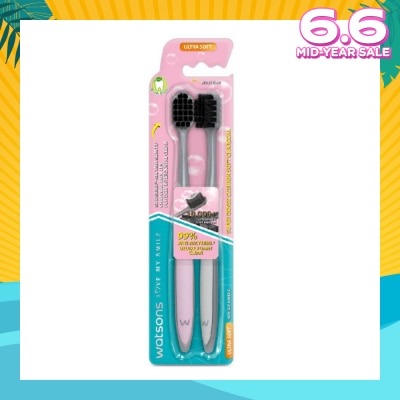 WATSONS Super Dense Cushion Soft Charcoal Toothbrush Ultra Soft (<0.01mm Ultra-Fine Soft Anti-Bacterial Bristles + Wide Head) 2s