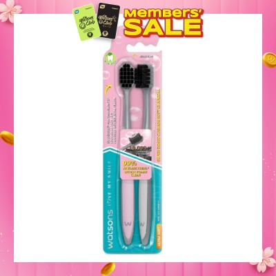 WATSONS Super Dense Cushion Soft Charcoal Toothbrush Ultra Soft (<0.01mm Ultra-Fine Soft Anti-Bacterial Bristles + Wide Head) 2s