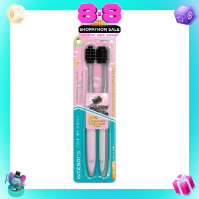 WATSONS - Super Dense Cushion Soft Charcoal Toothbrush Ultra Soft (<0.01mm Ultra-Fine Soft Anti-Bacterial Bristles + Wide Head) 2s