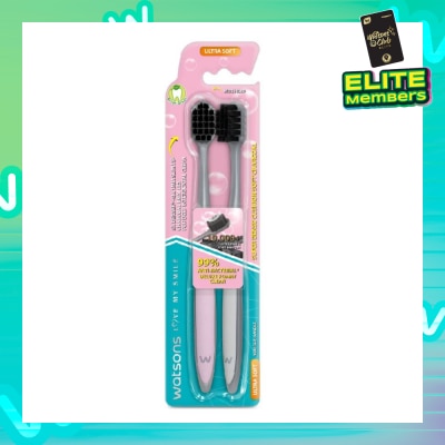 WATSONS Super Dense Cushion Soft Charcoal Toothbrush Ultra Soft (<0.01mm Ultra-Fine Soft Anti-Bacterial Bristles + Wide Head) 2s