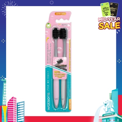 WATSONS Super Dense Cushion Soft Charcoal Toothbrush Ultra Soft (<0.01mm Ultra-Fine Soft Anti-Bacterial Bristles + Wide Head) 2s