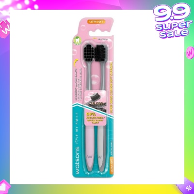 WATSONS Super Dense Cushion Soft Charcoal Toothbrush Ultra Soft (<0.01mm Ultra-Fine Soft Anti-Bacterial Bristles + Wide Head) 2s