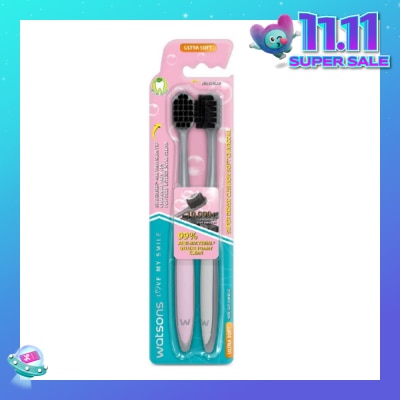 WATSONS Super Dense Cushion Soft Charcoal Toothbrush Ultra Soft (<0.01mm Ultra-Fine Soft Anti-Bacterial Bristles + Wide Head) 2s