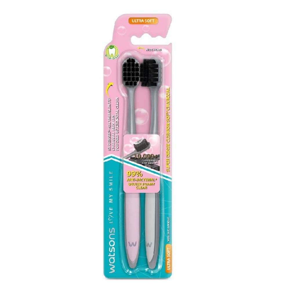 Super Dense Cushion Soft Charcoal Toothbrush Ultra Soft (<0.01mm Ultra-Fine Soft Anti-Bacterial Bristles + Wide Head) 2s