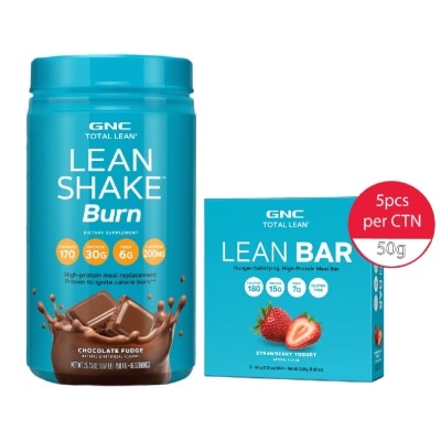 GNC - Total Lean Burn Chocolate Fudge Shake + Strawberry Yogurt Protein Bar Bundle Set 1s