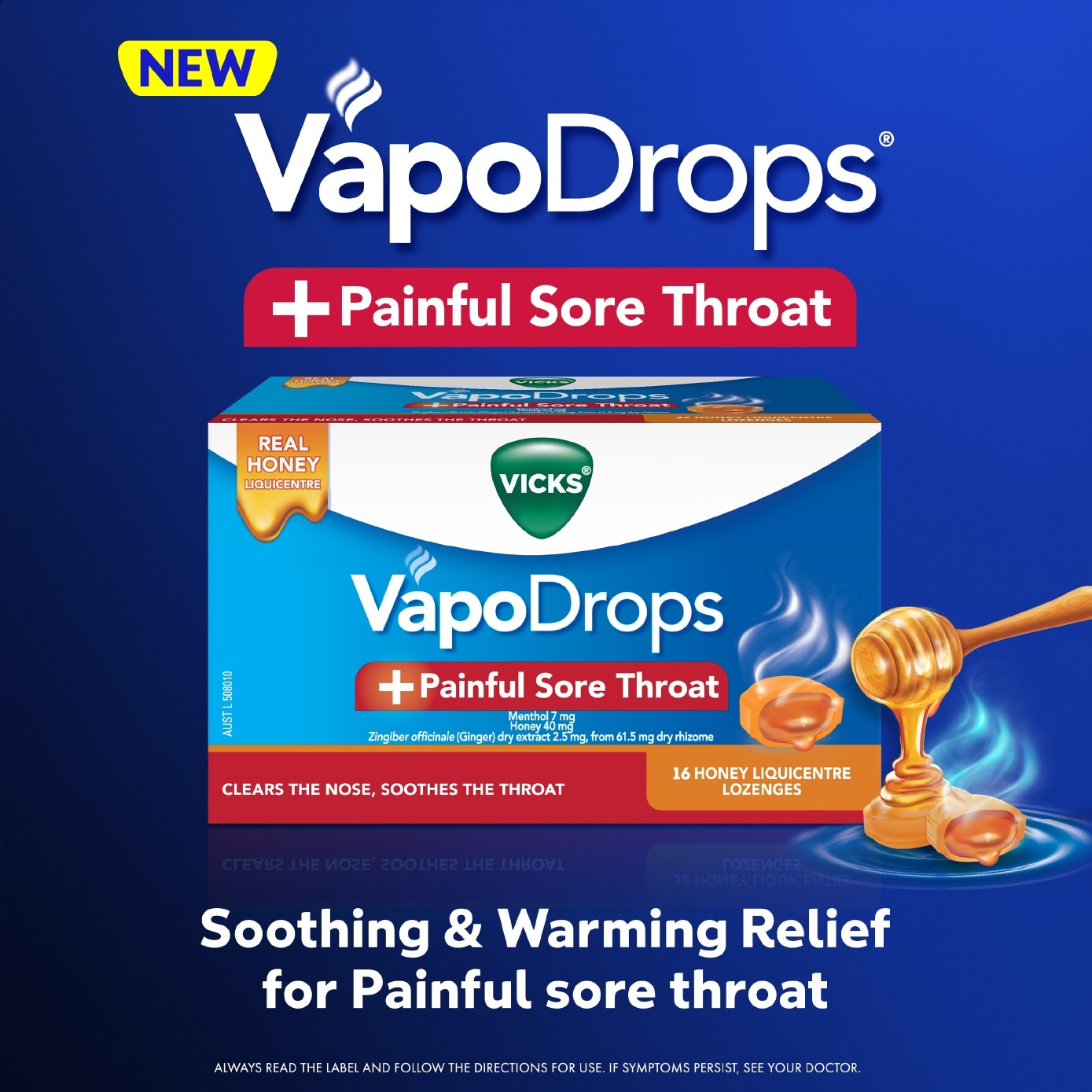 VapoDrops +Painful Sore Throat Honey Liquicentre Lozenge 16s