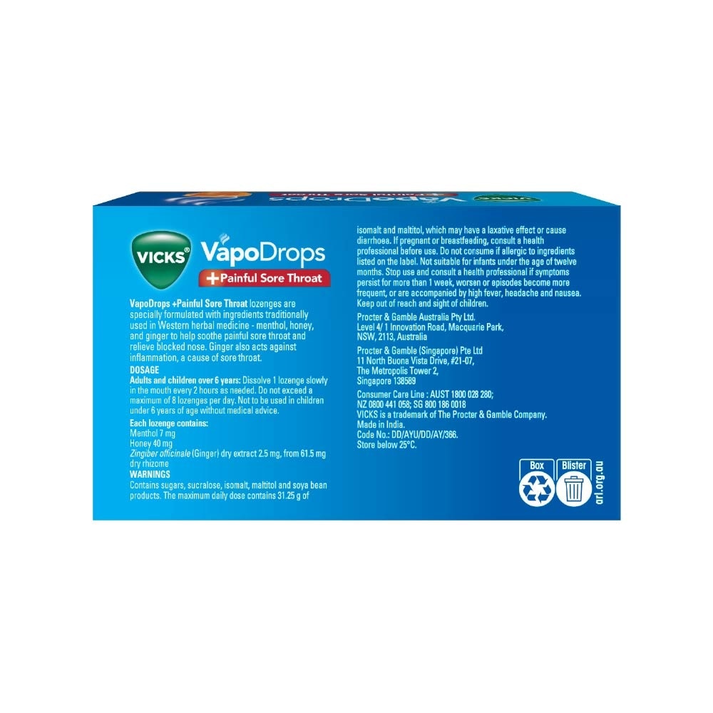 VapoDrops +Painful Sore Throat Honey Liquicentre Lozenge 16s image